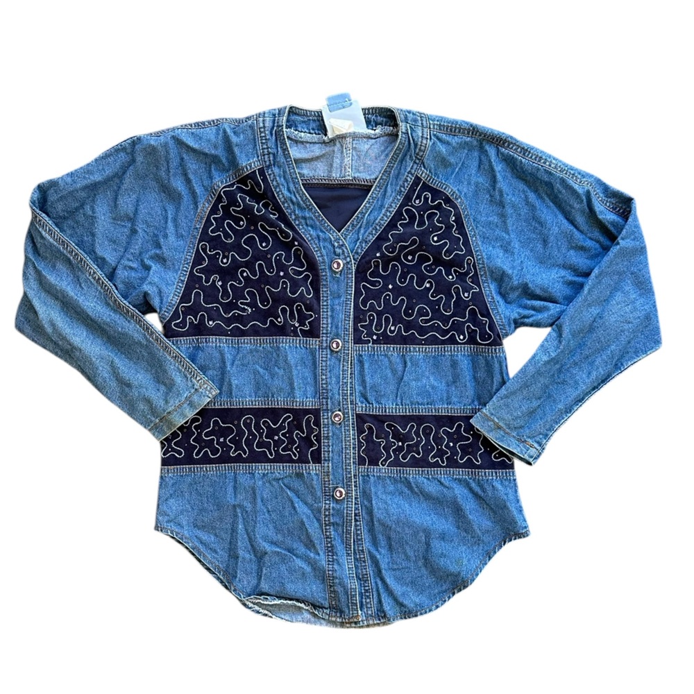 Vintage Monique Fashion patchwork denim shirt with embroidered details